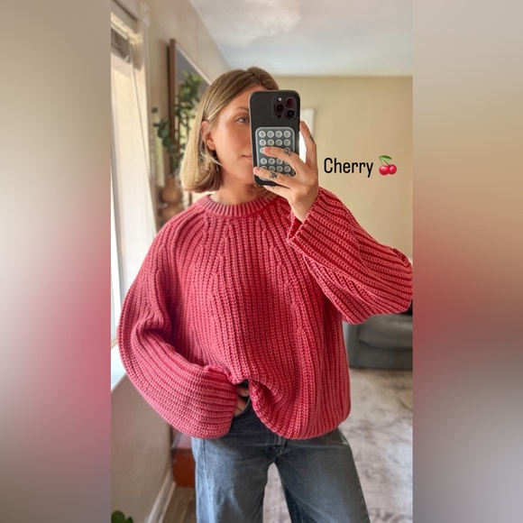 𝓯𝓹 Free People ~ Take Me Home Cotton Sweater in 🍒 Cherry - Picture 6 of 15